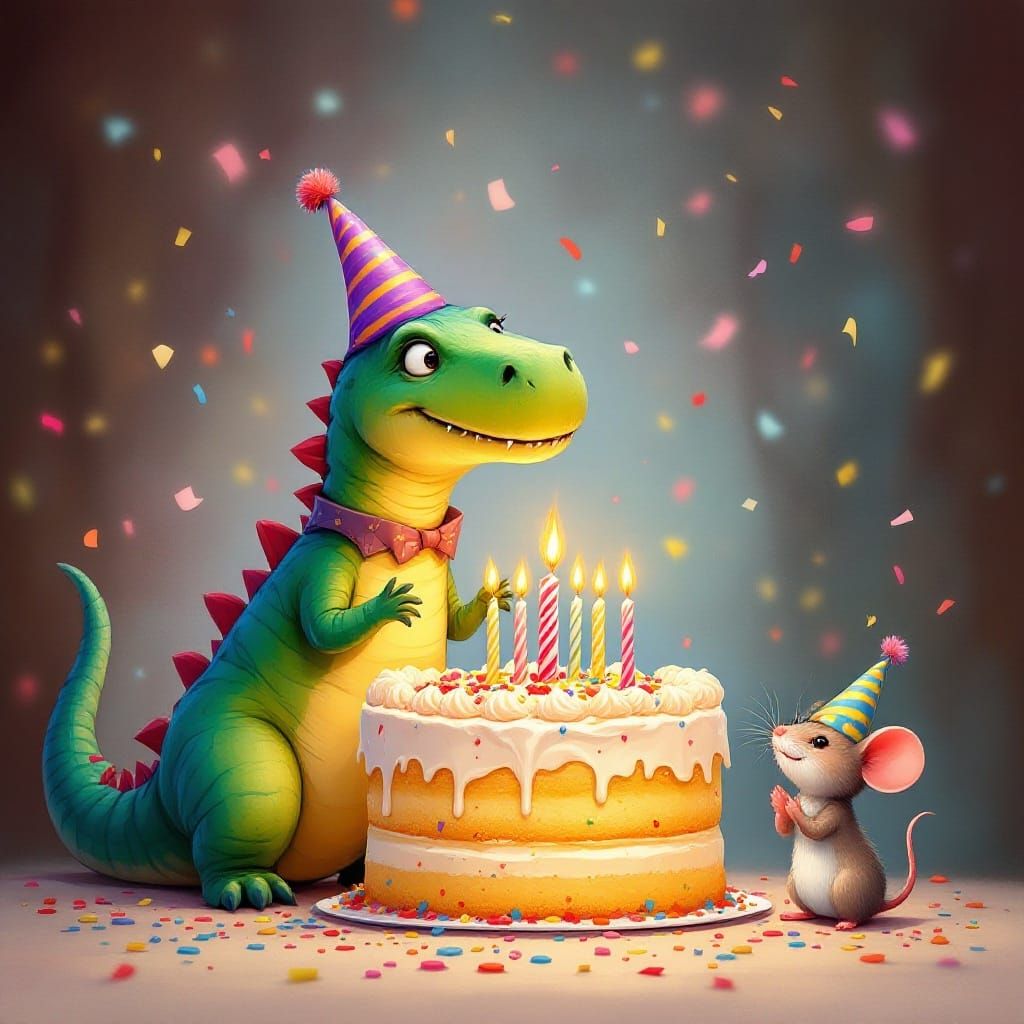Dinosaur Celebrates Birthday with Mouse Friend
