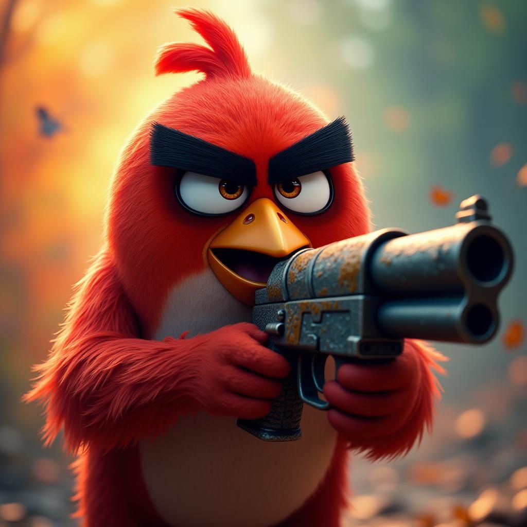 Angry Bird with Gun in Hyper-Realistic Style