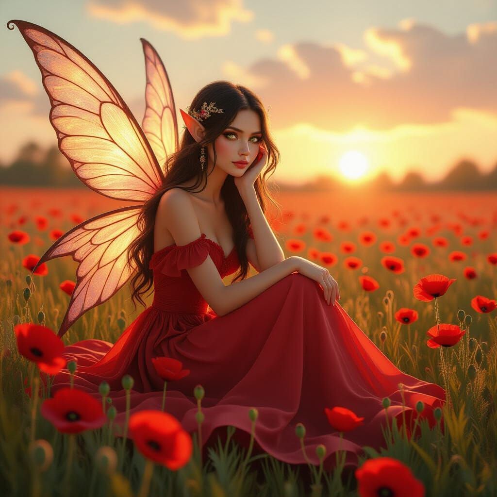 Whimsical Fairy in Red Dress Amidst Poppy Field