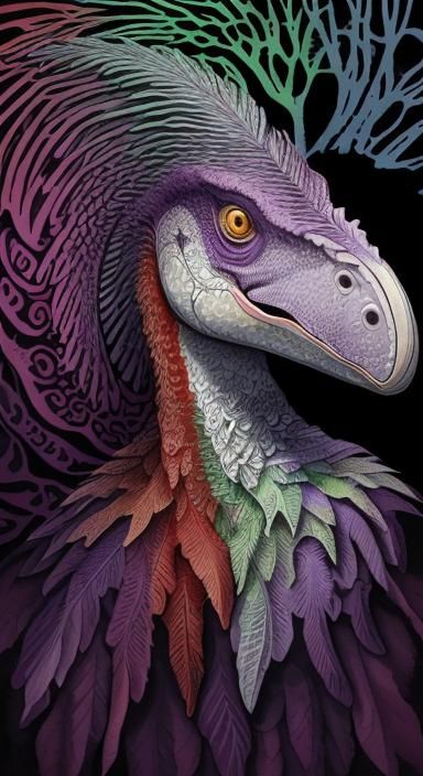 Feathered Dinosaur Portrait in Watercolor Painting