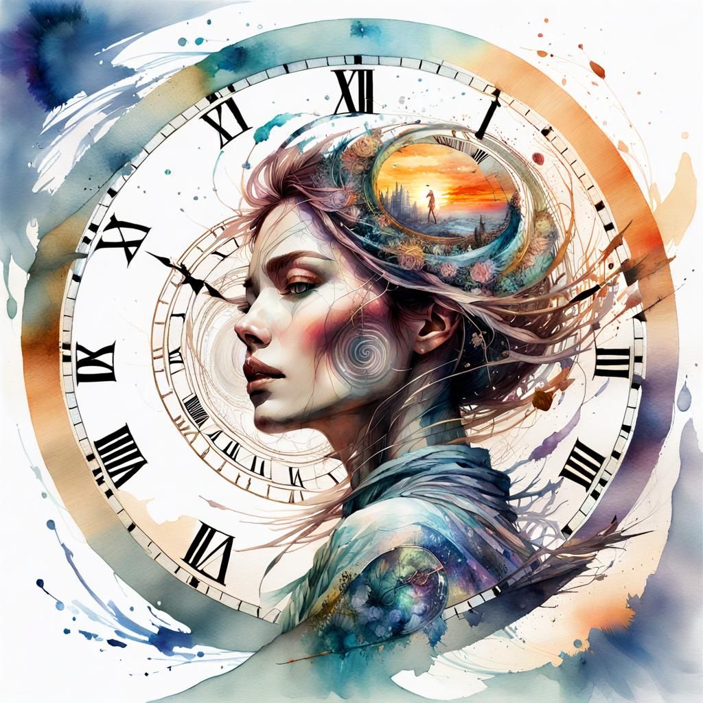 Woman Trapped in Time Vortex, Digital Watercolor Art