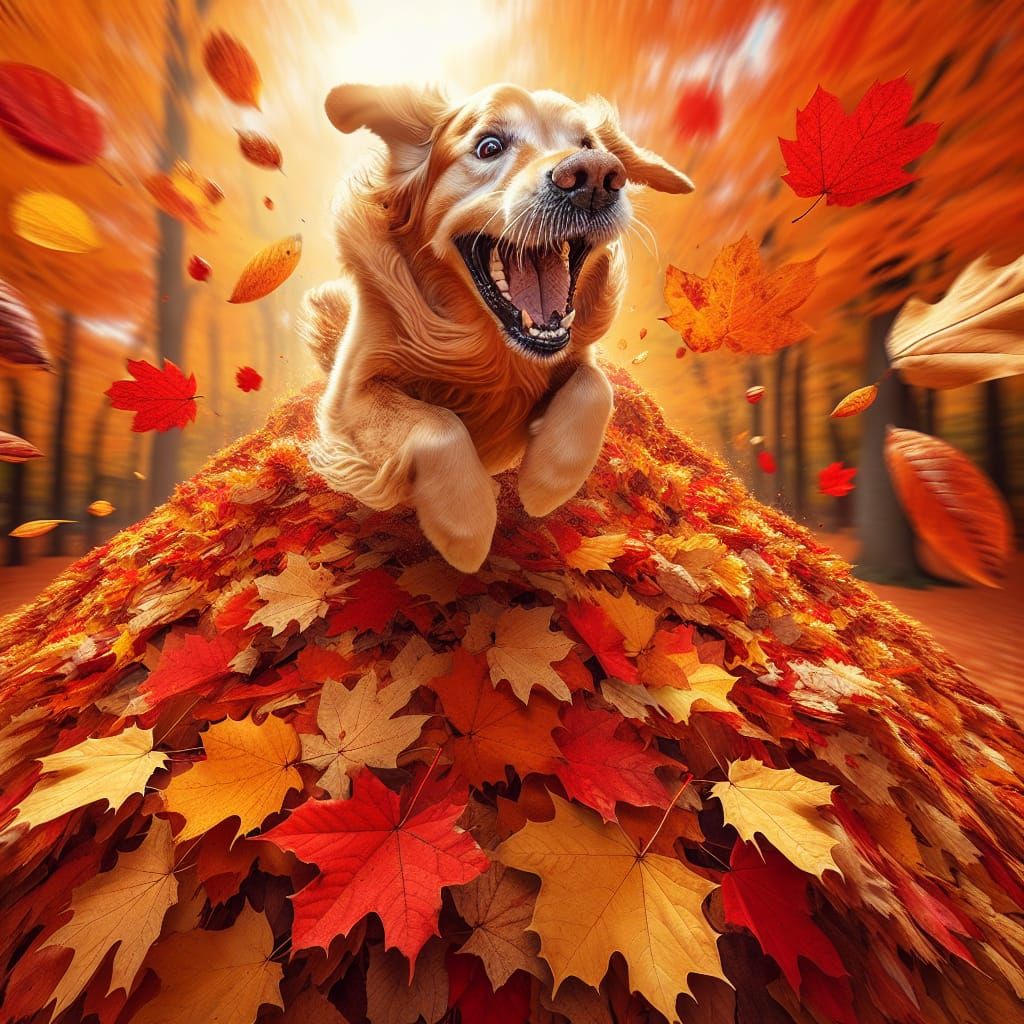 Golden Retriever Leaps into Autumn Leaf Pile