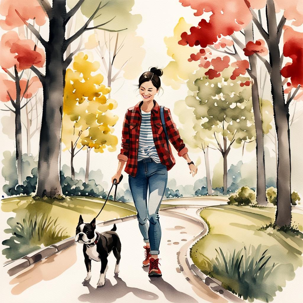 Ink Wash Art: Woman and Boston Terrier in Park