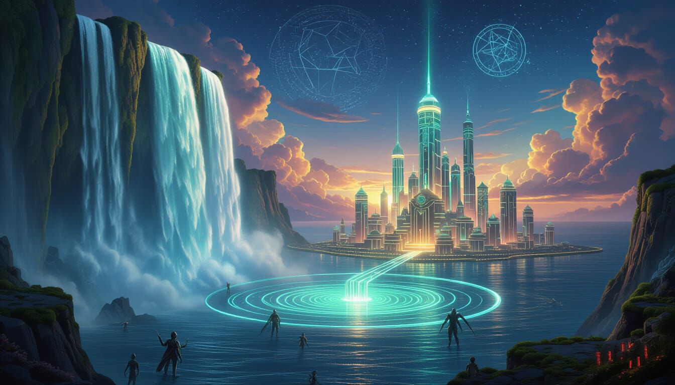 Ocean Waterfall City in Twilight Sky