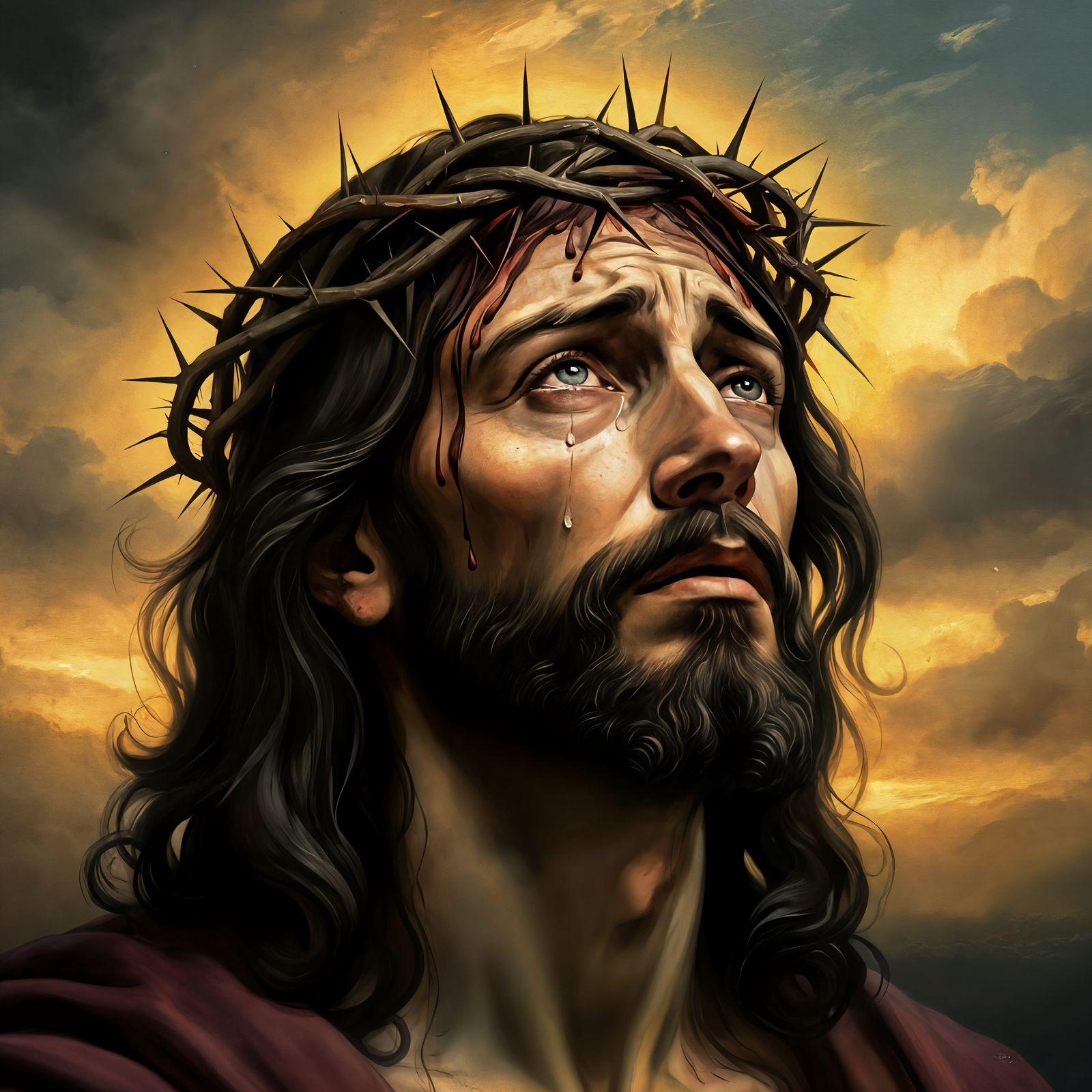 The King of Kings Wears a Crown of Thorns in a Somber Oil Po...