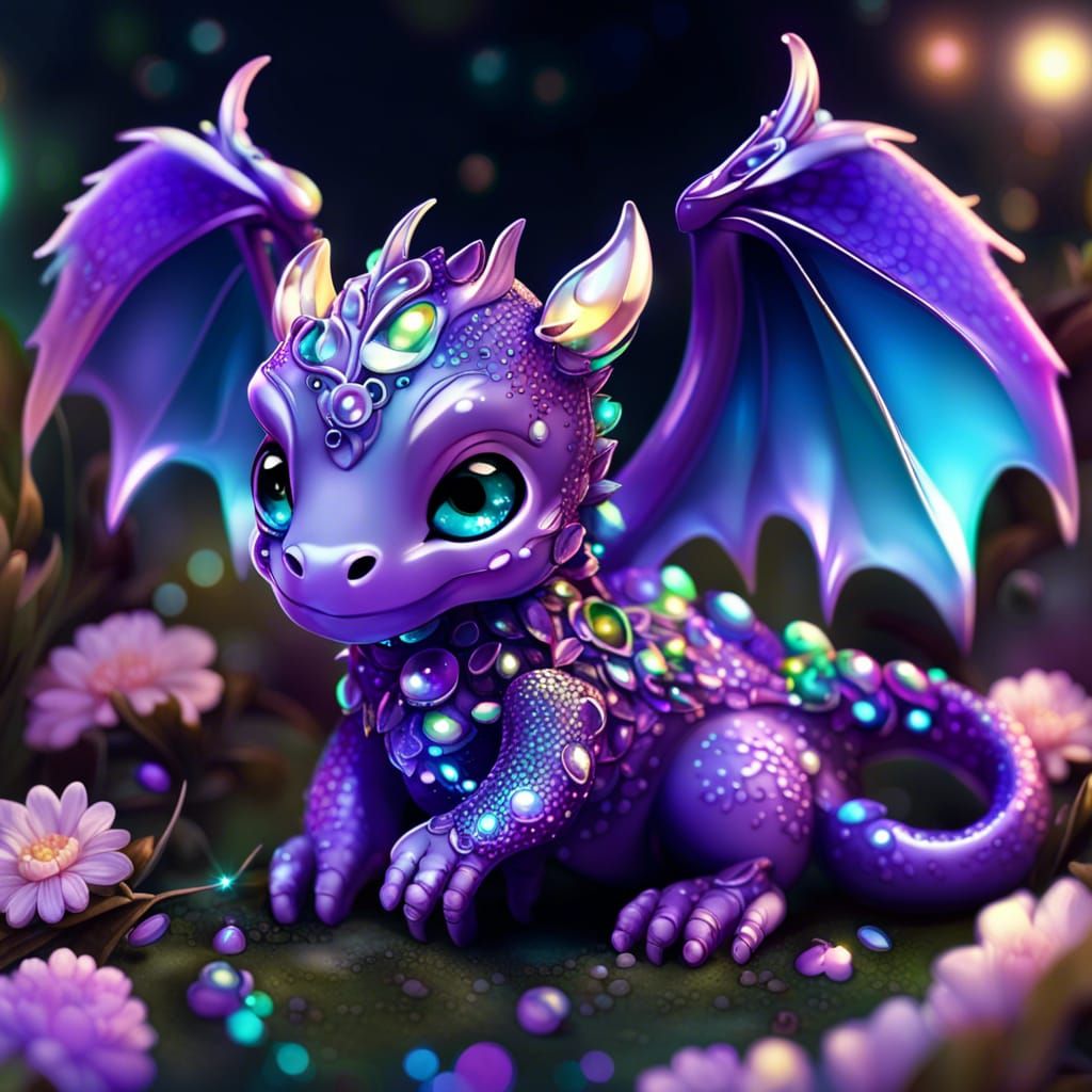 Adorable chibified amethyst baby dragon:: beautiful magical bioluminescent beetles and lizards flower garden:: shiny det...