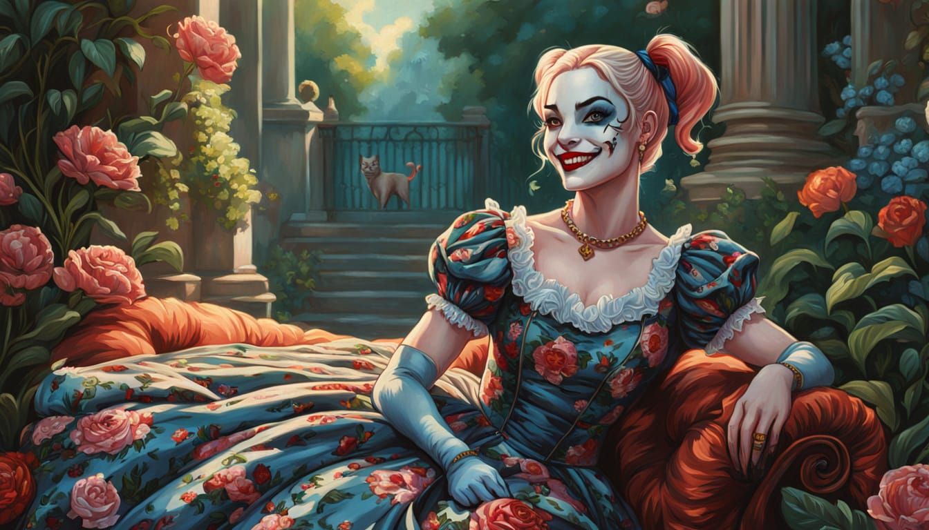 Noble Harley Quinn in Rococo Floral Portrait