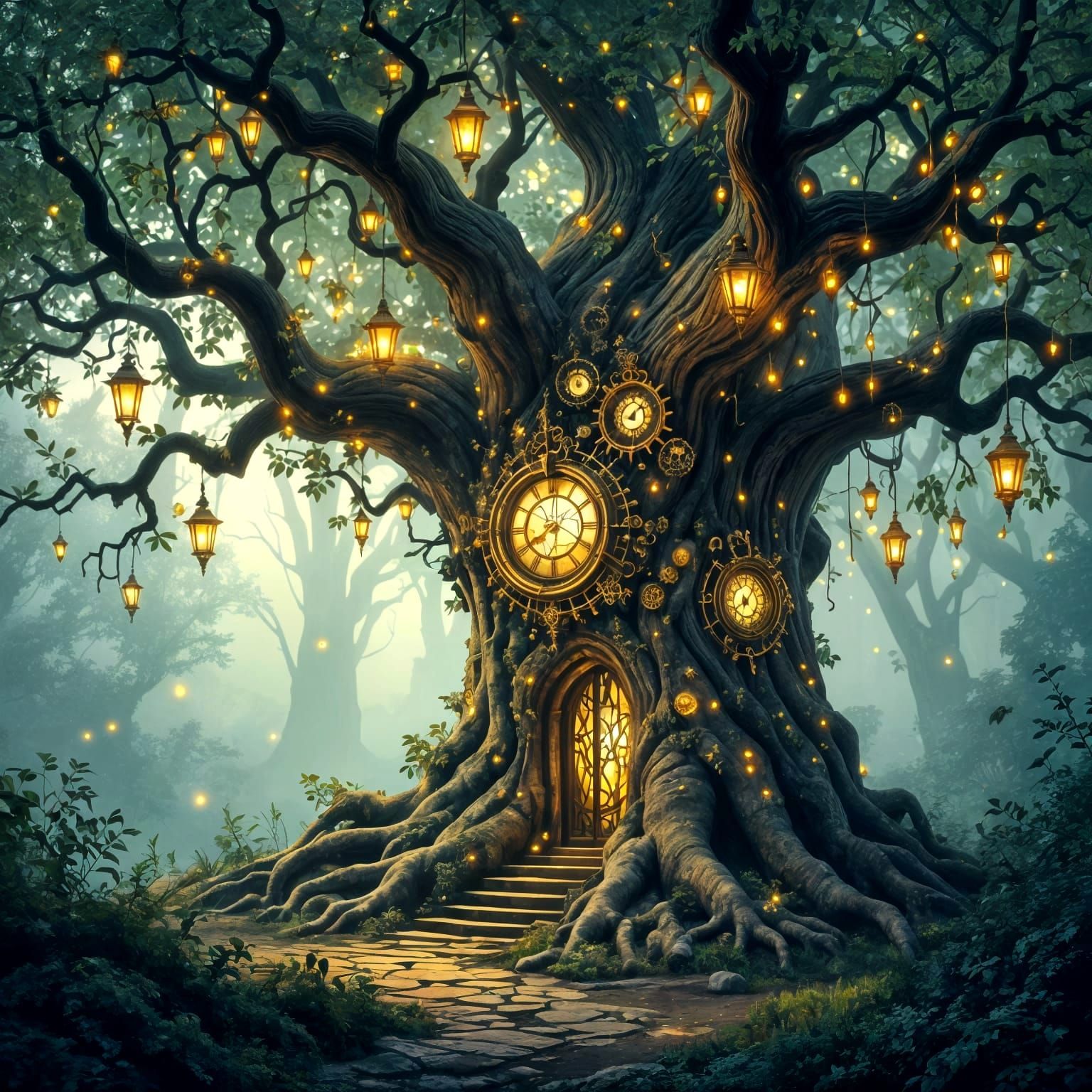 Enchanted Grove with Clockwork, Mystical Landscape