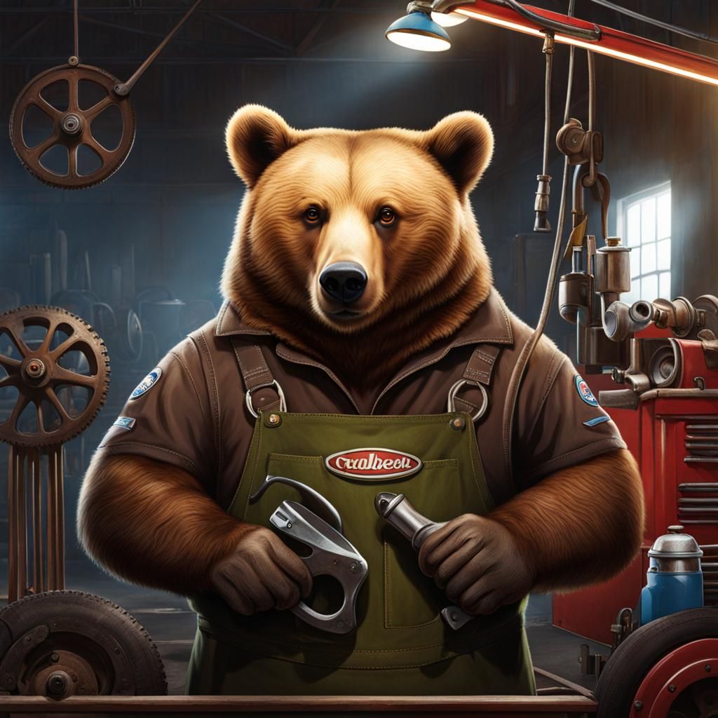 Bear Mechanic Working on Engine
