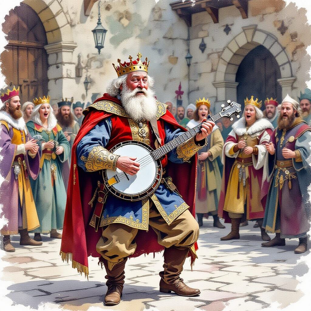 Medieval King Dancing and Playing Banjo in Watercolor