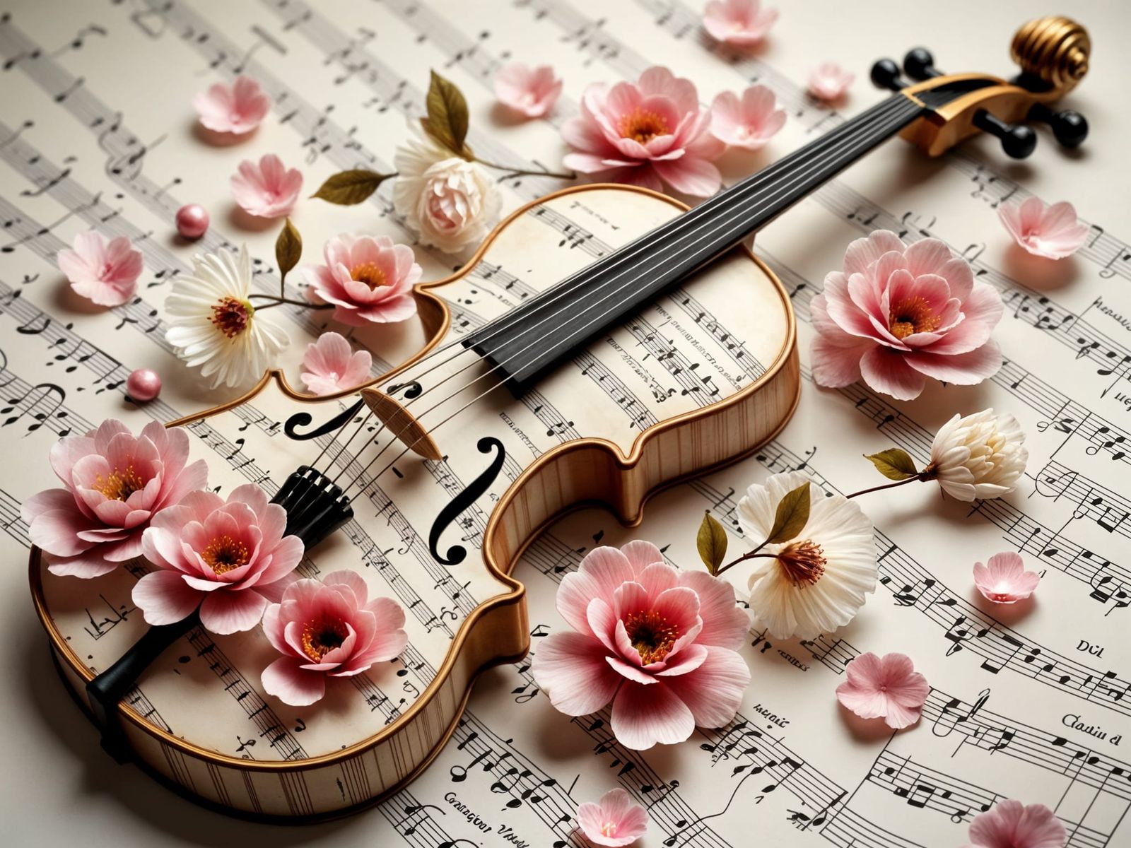 Ethereal Violin Sculpture in Fractal Lace and Cherry Blossom...