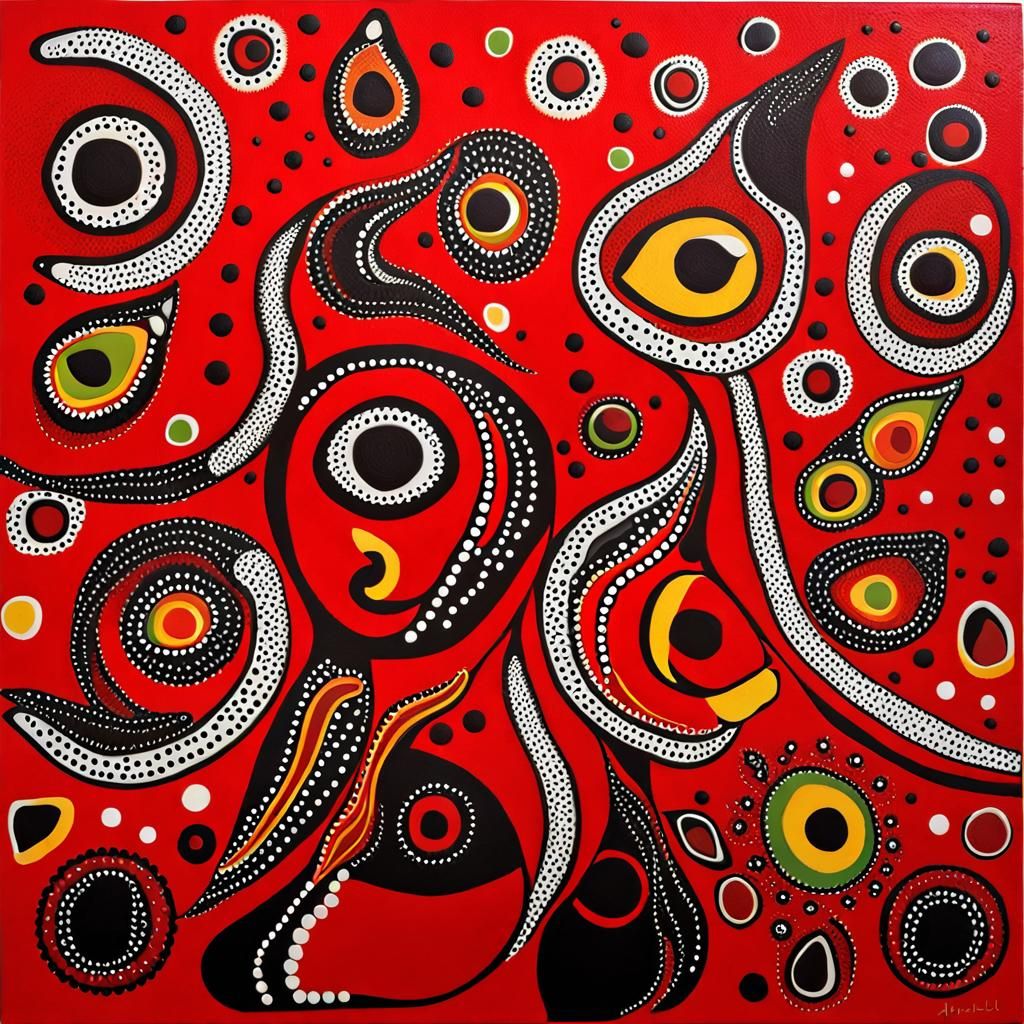 Abstract Aboriginal Dot Art Faces in Red Oil