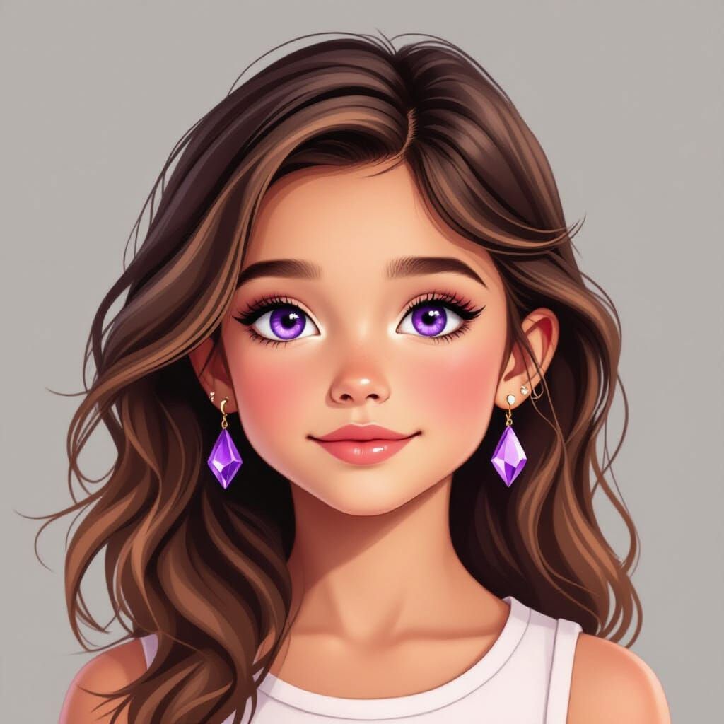 Girl with Purple Eyes and Crystal Earrings