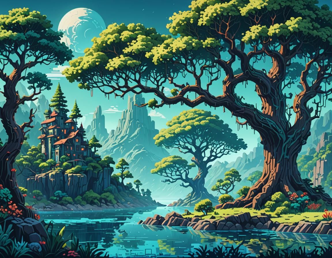 Retro Pixel Art Fantasy Landscape with Blue Water