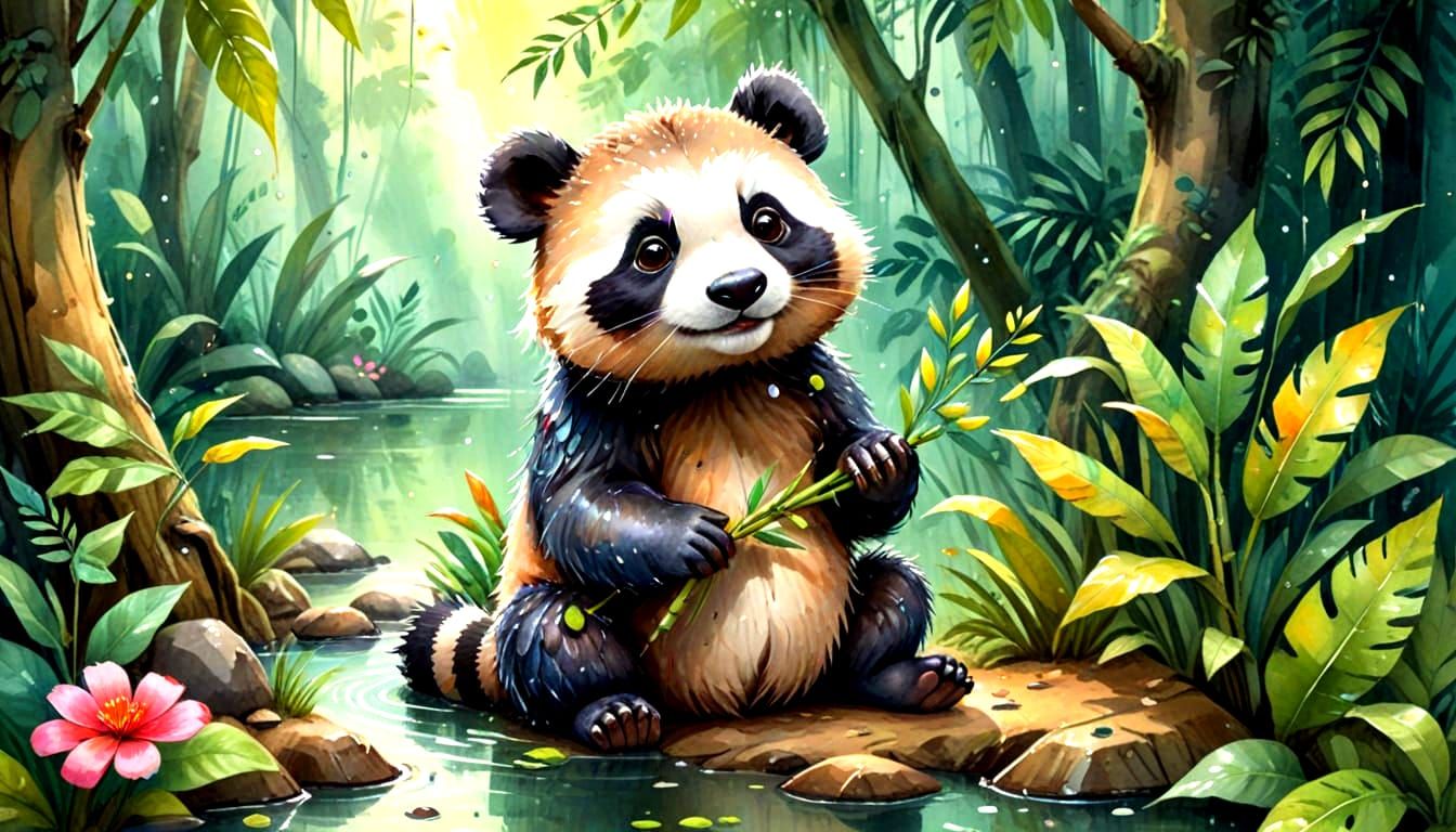 Cute Cartoon Hybrid Panda-Racoon-Beaver in Rainforest Eats B...