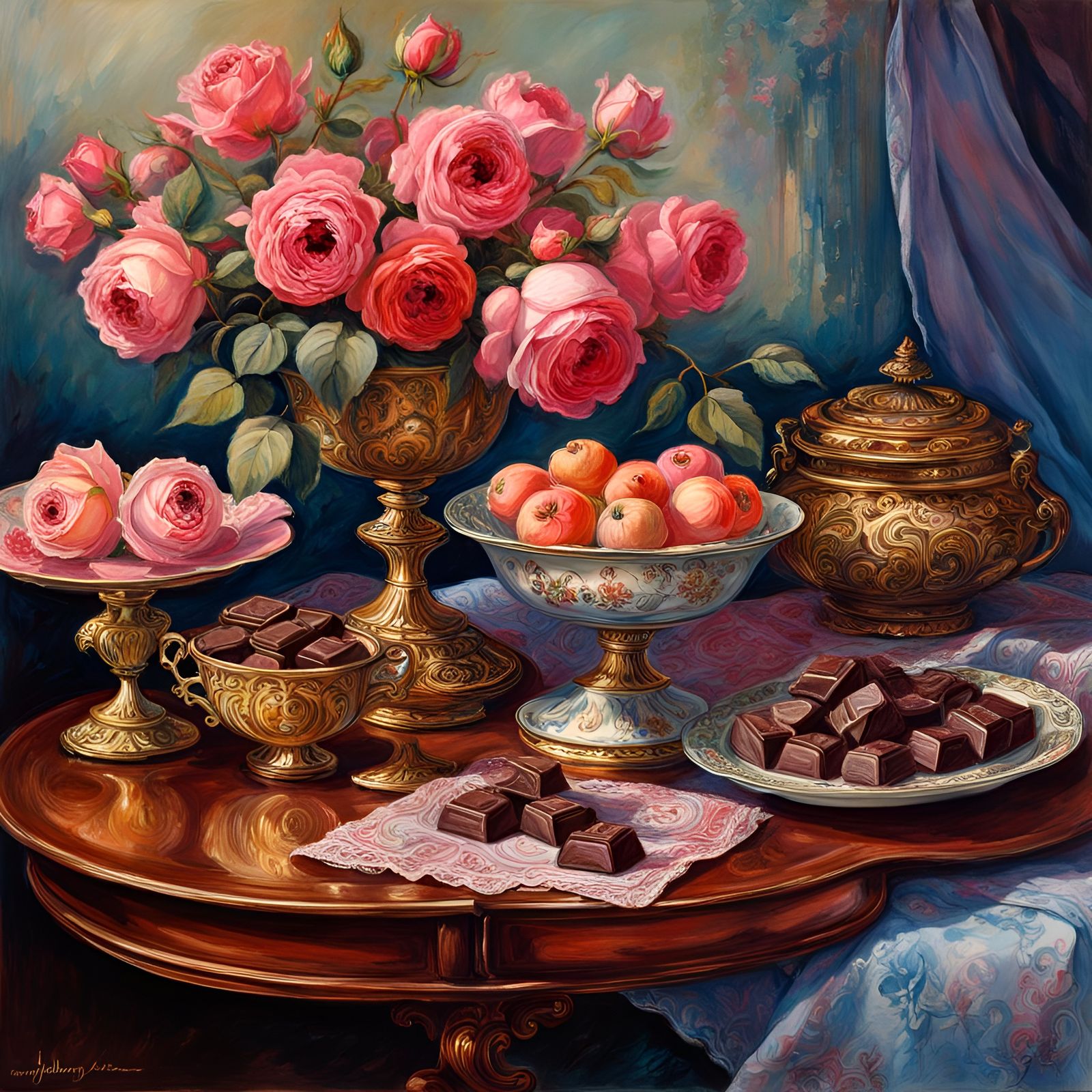 Roses and Chocolates Still Life in Art Nouveau Style