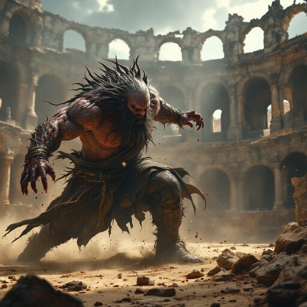 Epic Wizard vs Monster Clash in Ancient Roman Colosseum
