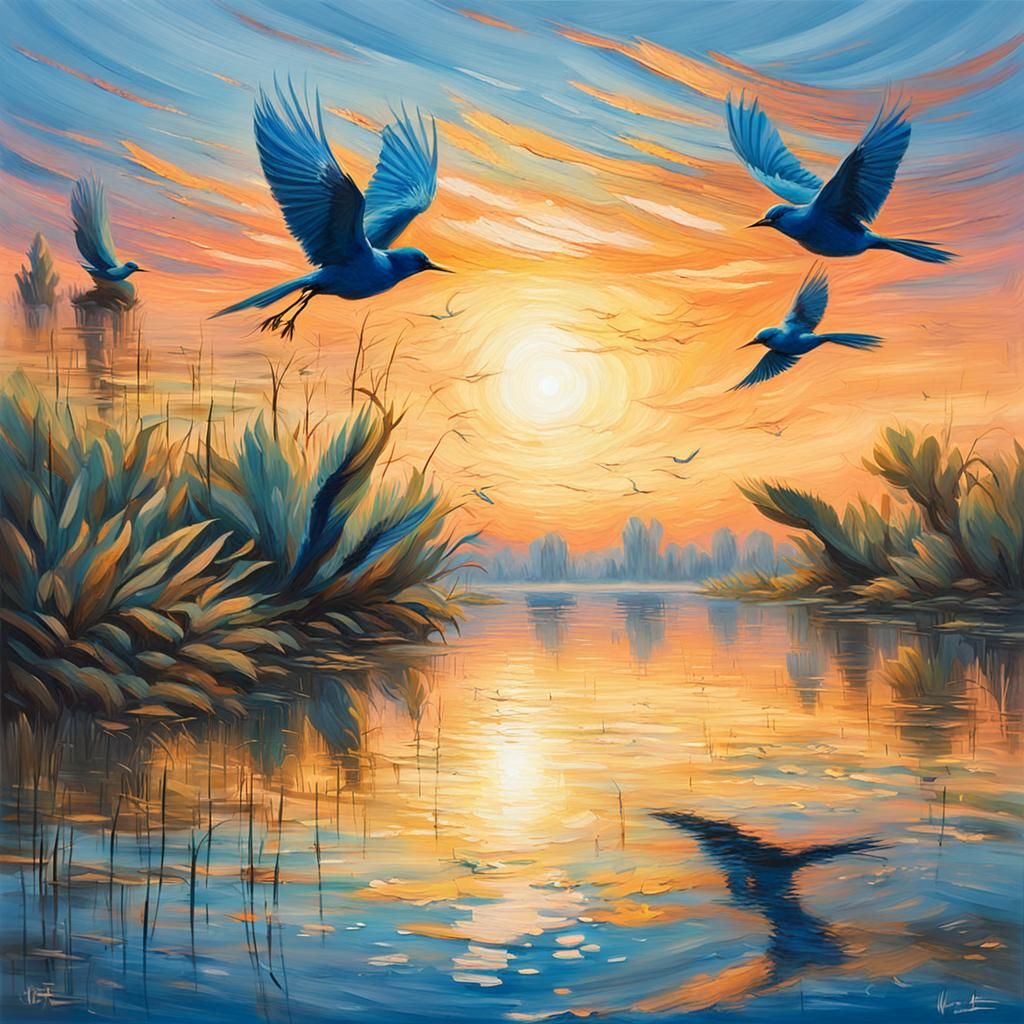 Vibrant African Sunrise with Birds in Soft Focus