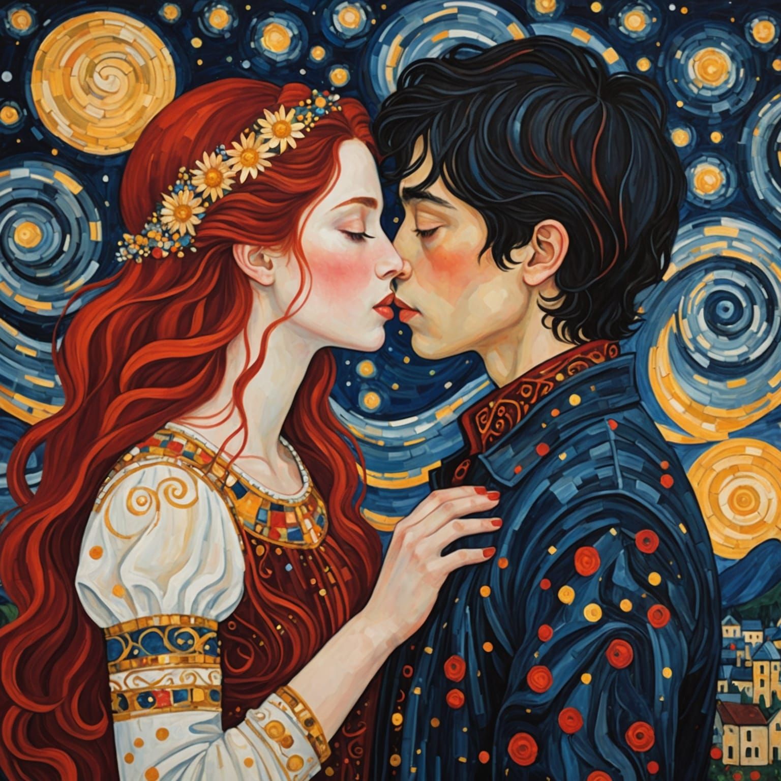 Klimt's Kiss Meets Starry Night in Red and White