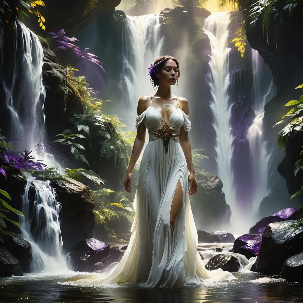 Mystical Waterfall Scene in Dark Fantasy Art Style
