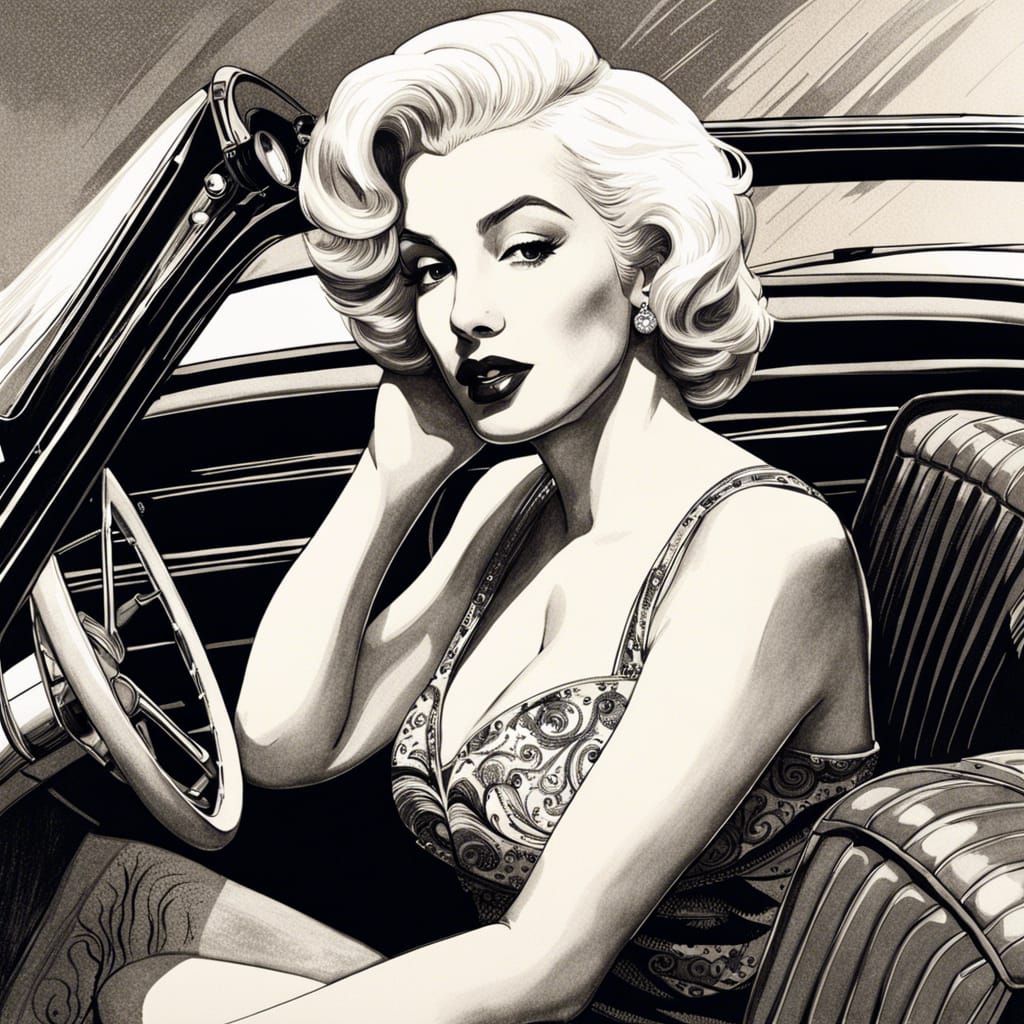Marilyn Monroe Ink Portrait in Cabriolet