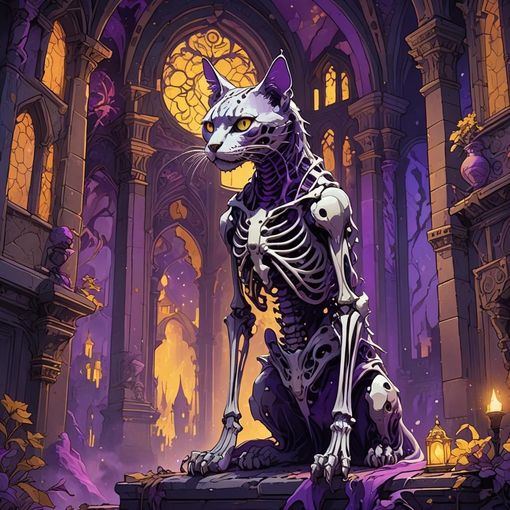 Ethereal Ghost Cat in Haunted Castle, Art Nouveau