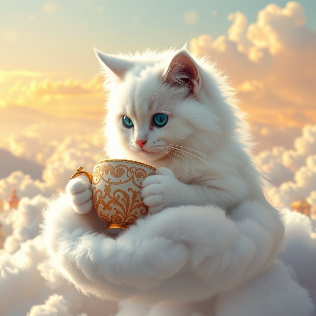 Serenely Sipping Ragdoll Cat on Lavender Clouds as Whimsical...