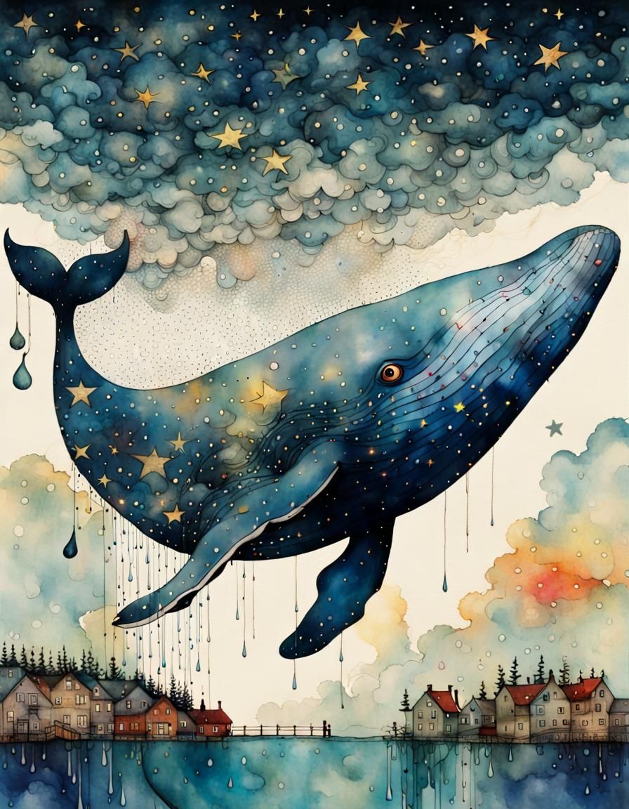 Whale Village in the Rain: Hyperdetailed Alcohol Ink Art