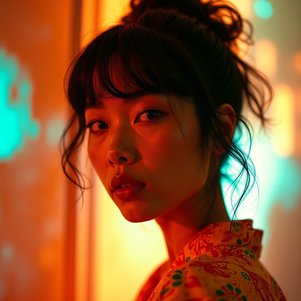 Punk Geisha with Amber Hues in Vibrant Colors