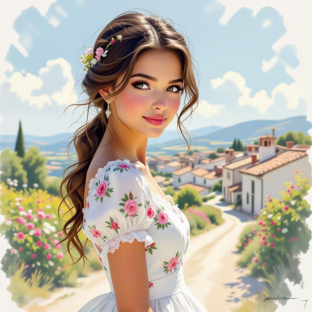 Graceful Girl in White Dress with Floral Print