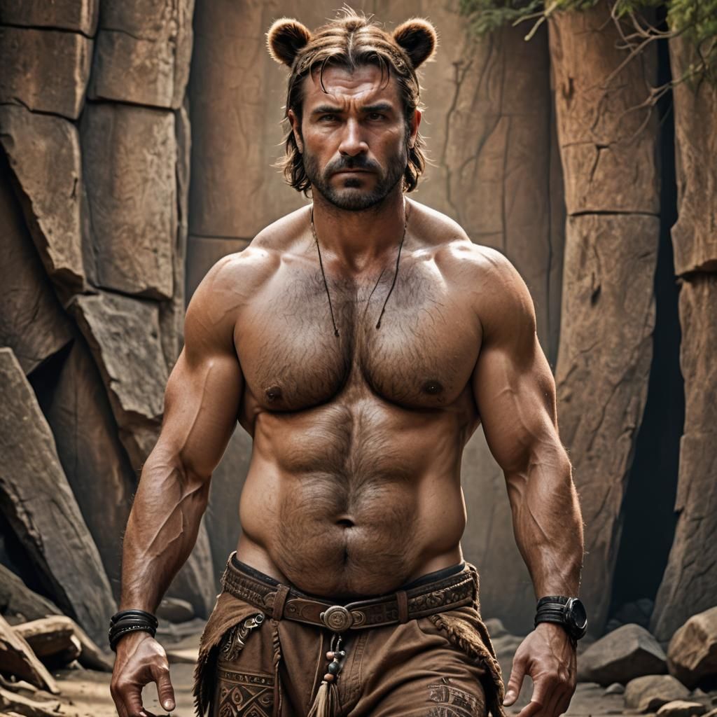 Hyperrealistic Man with Bear Ears in Tribal Pants