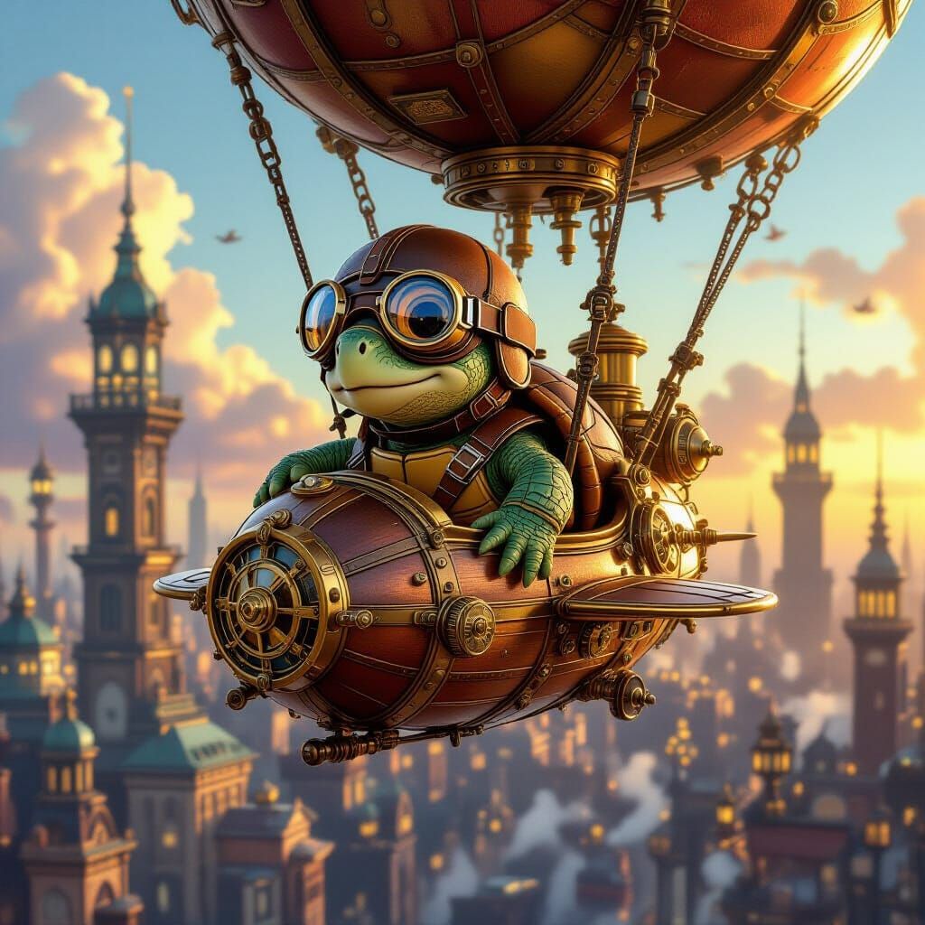 Steampunk Turtle Soaring Through Clockwork City