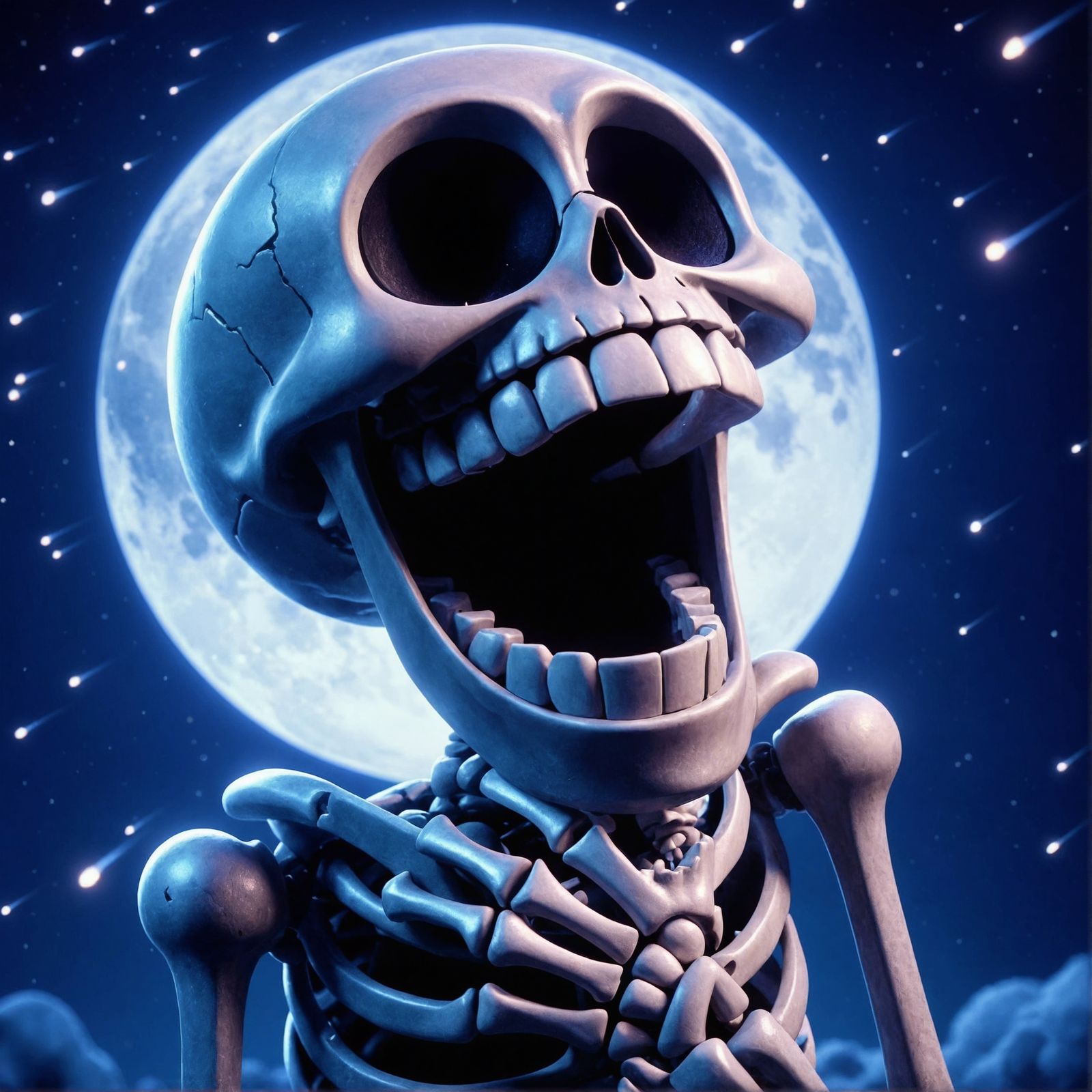 Cartoon Skeleton Laughing at Night in CGI Style