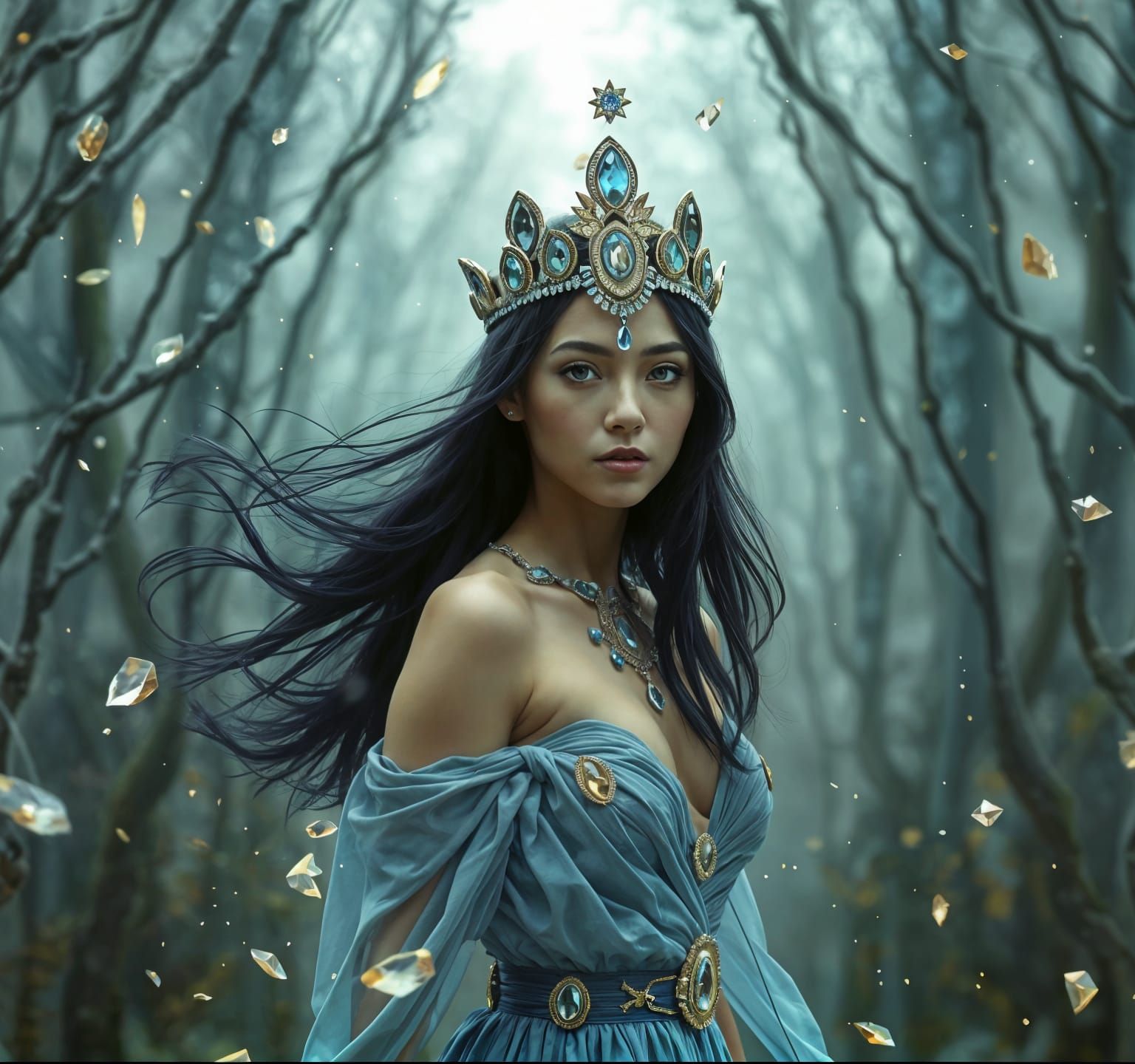 A Majestic Young Woman in an Enchanted Jewel-Adorned Landsca...