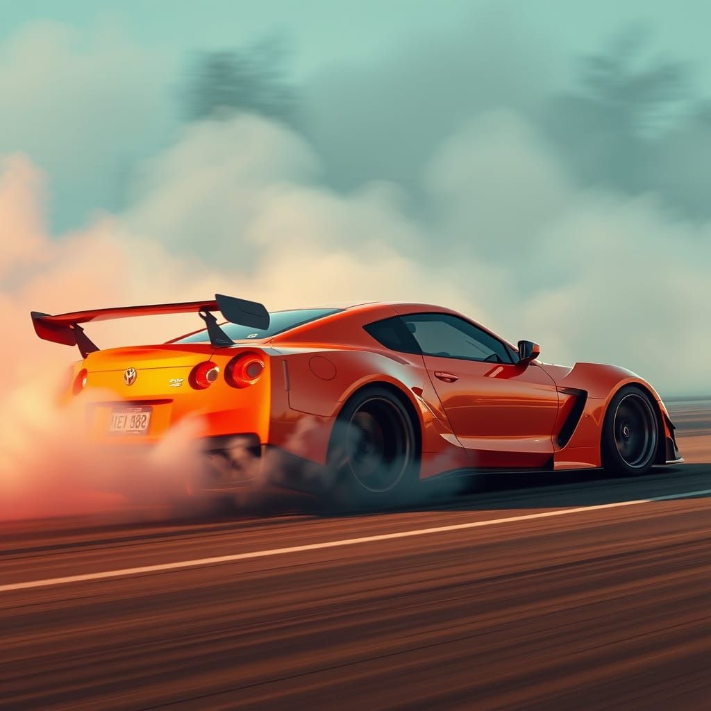 Orange Sports Car Drifting in a Futuristic Style