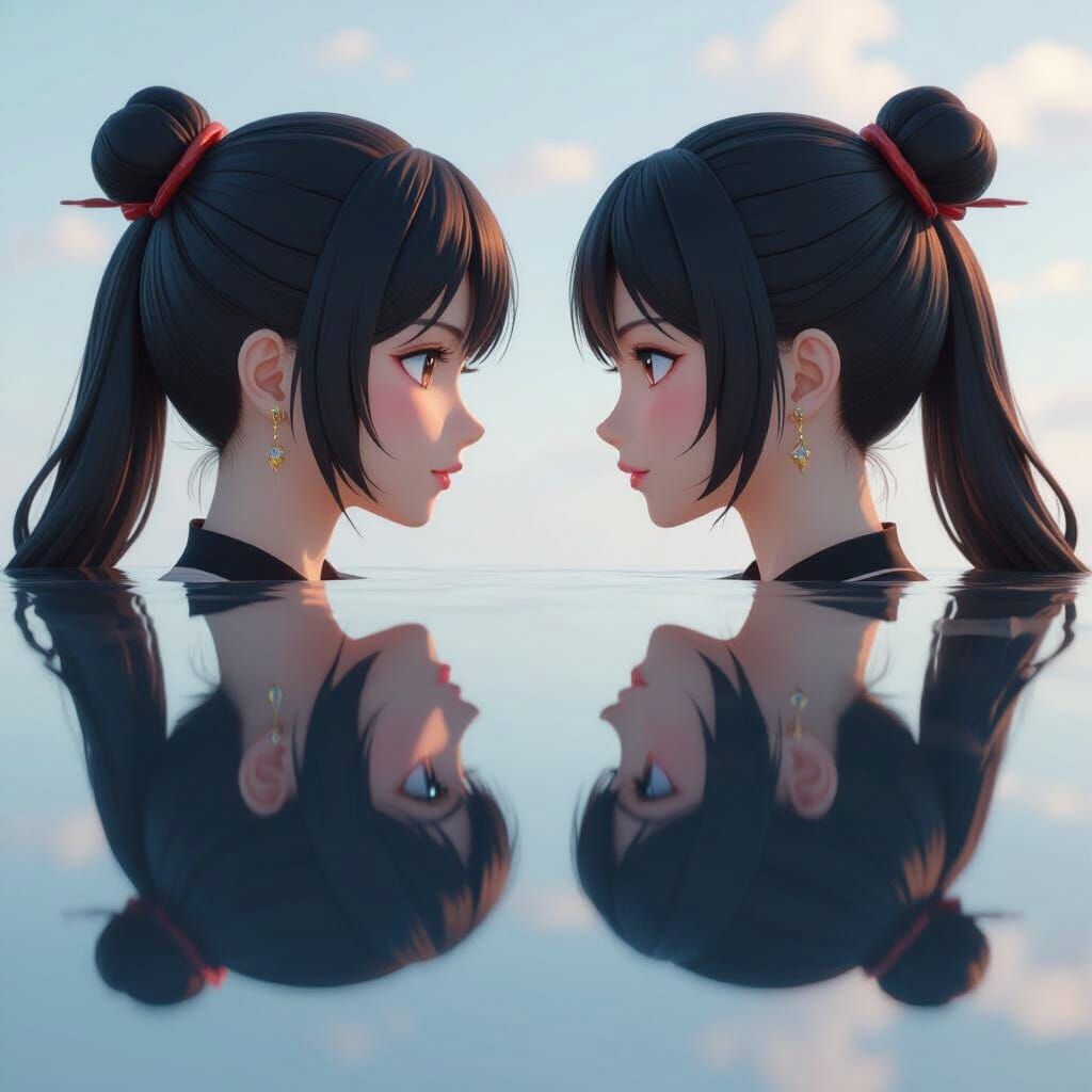Identical Faces in Mirrored Reflection, 3D Anime Style