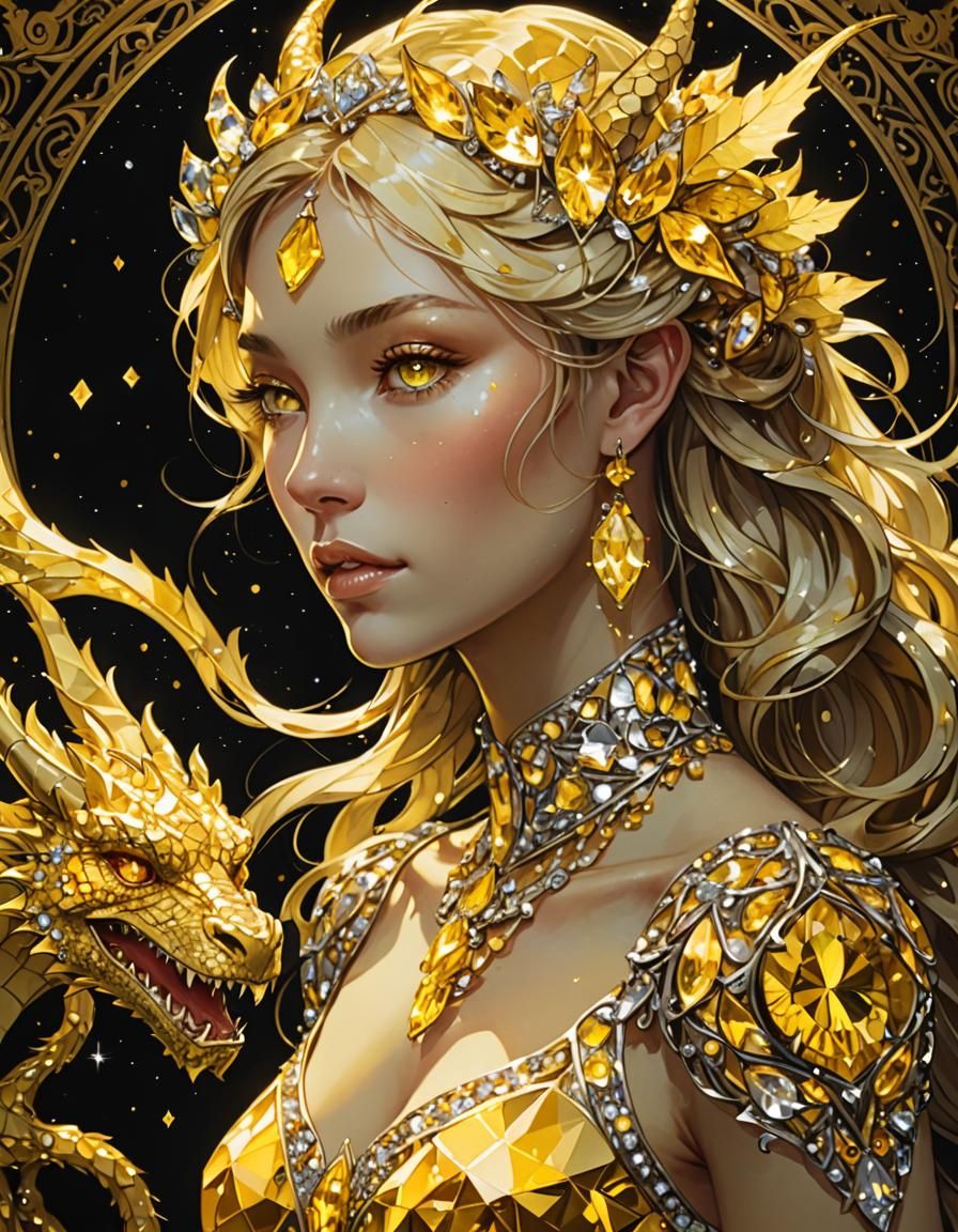 Luminescent Yellow Diamond Crystal Dragon Girl