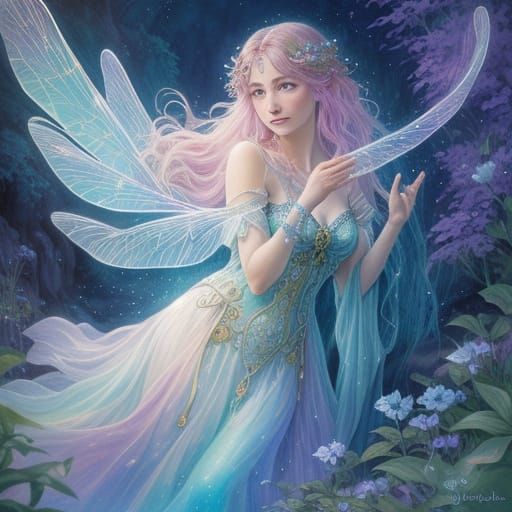 Mystical River Witch Art Nouveau Watercolor Fantasy