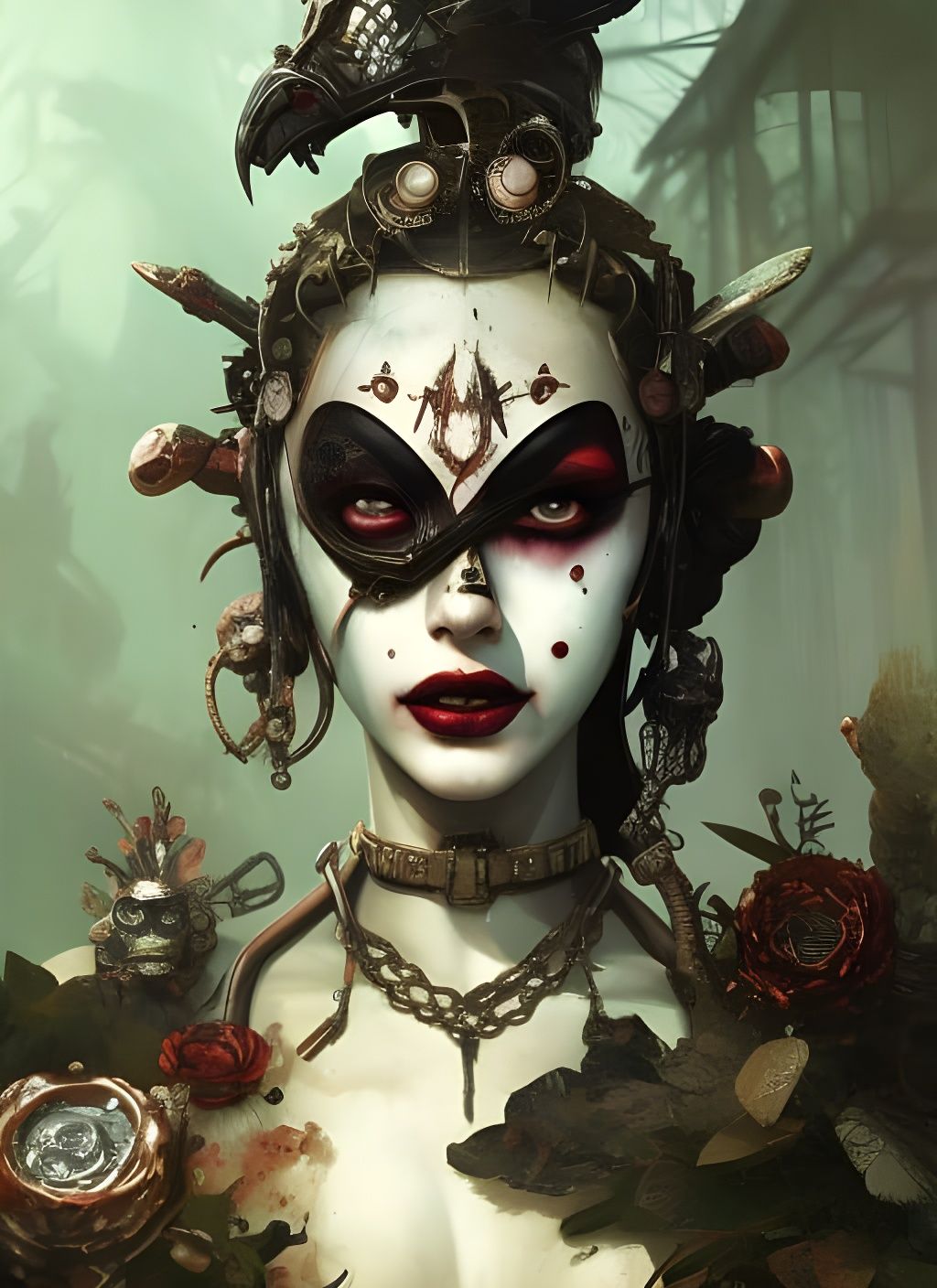 Harley Quinn Portrait in Flowerpunk Cyberpunk Style