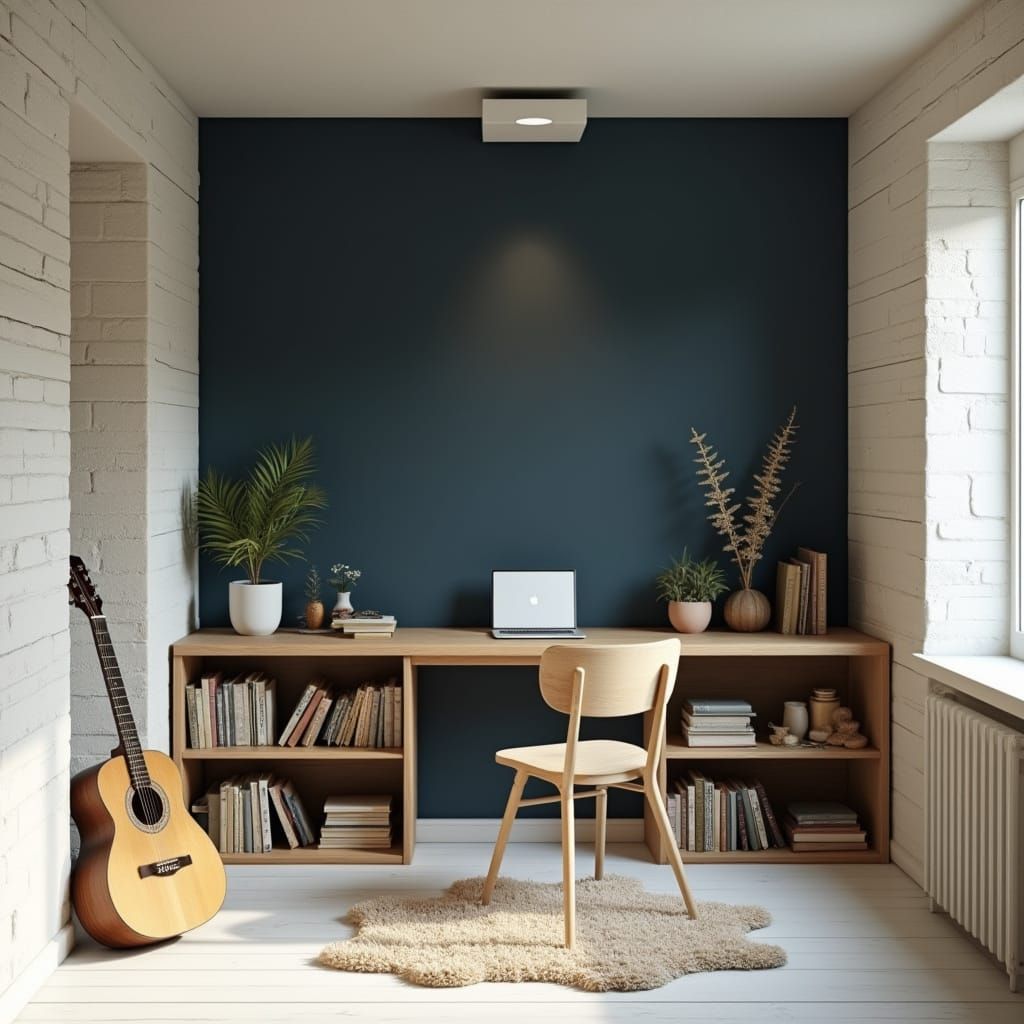 Cozy Room with Navy Wall in Photorealistic Style