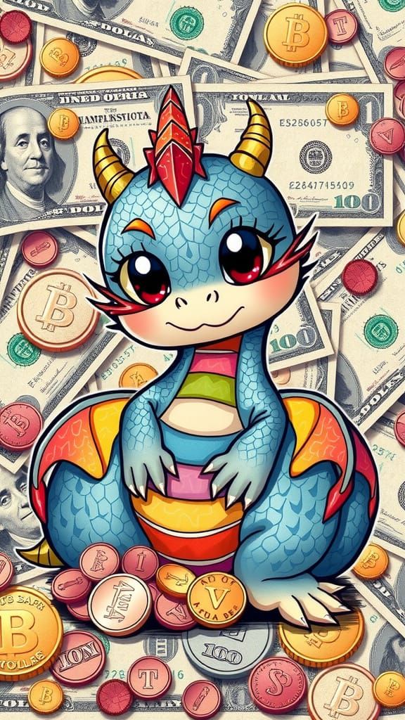 Chibi Rainbow Dragon Amidst Art Made With Money