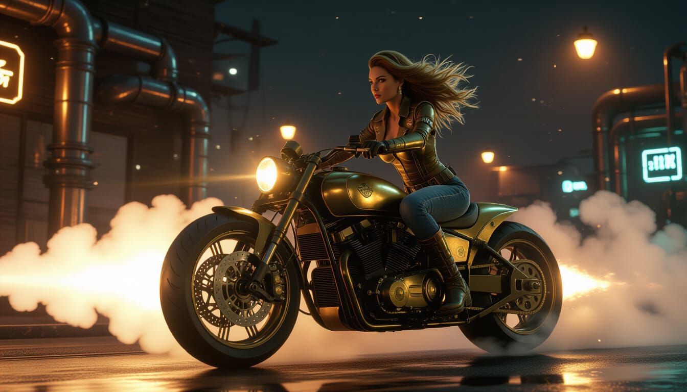 Dieselpunk Woman on Motorcycle in Retro City