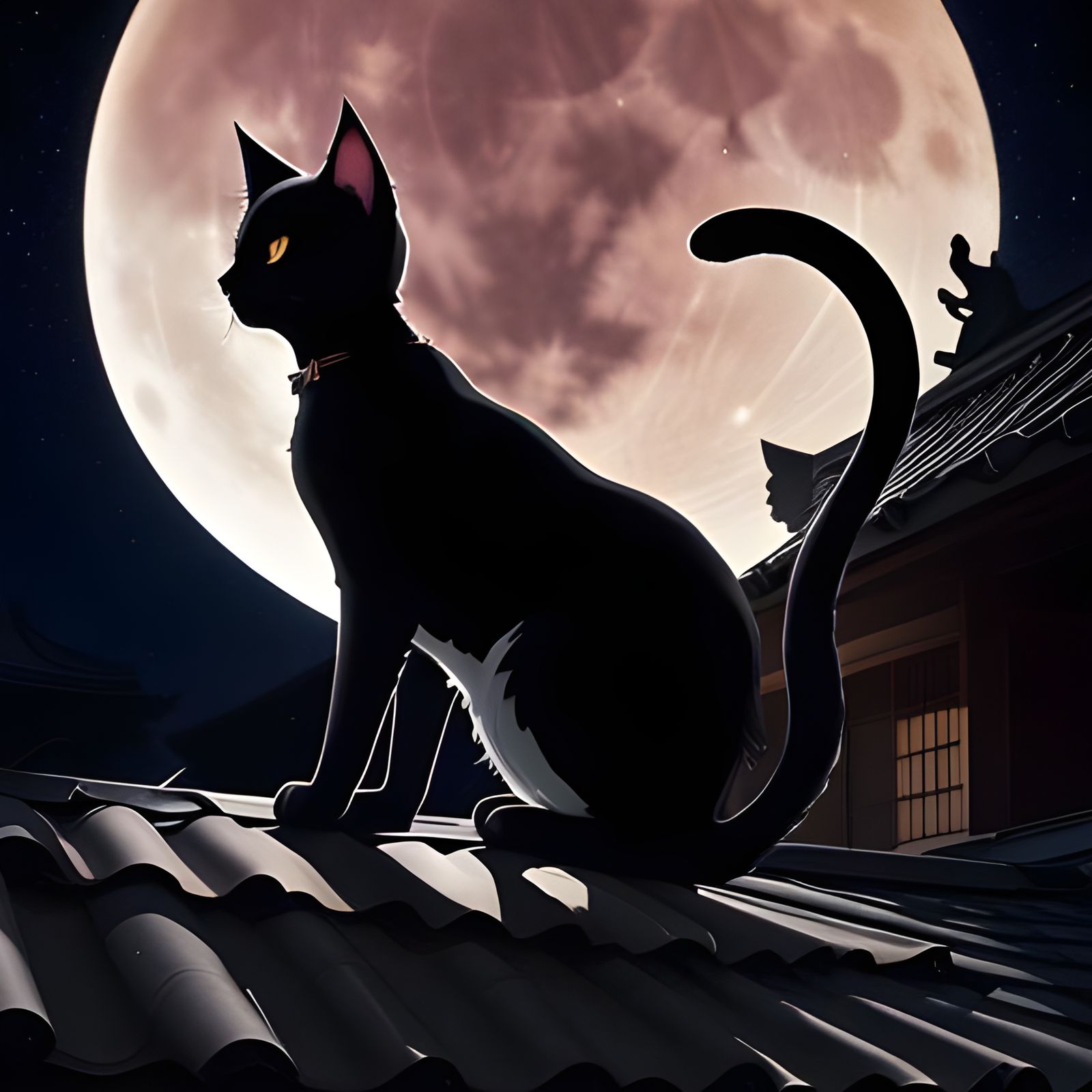 Silhouette of Cat on Roof with Full Moon