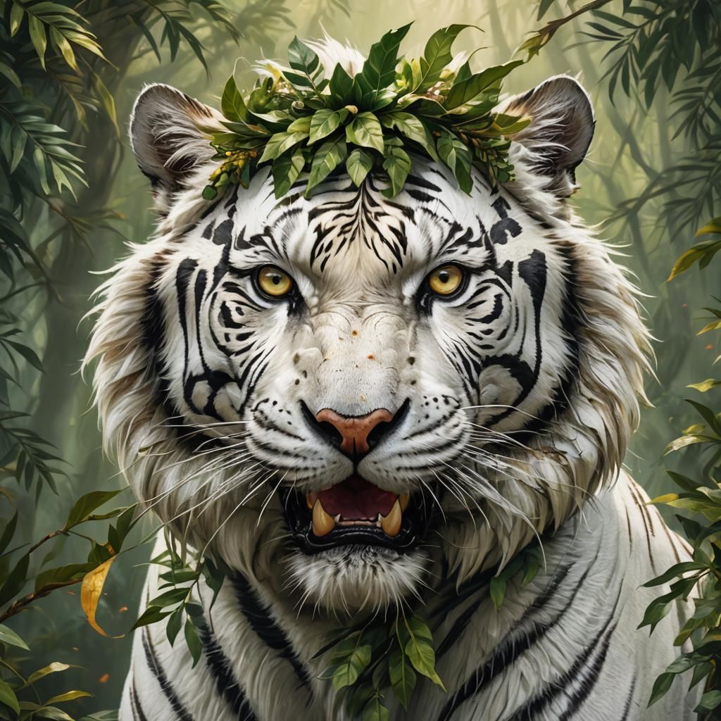 Furious White Tiger Portrait with Green Wreath