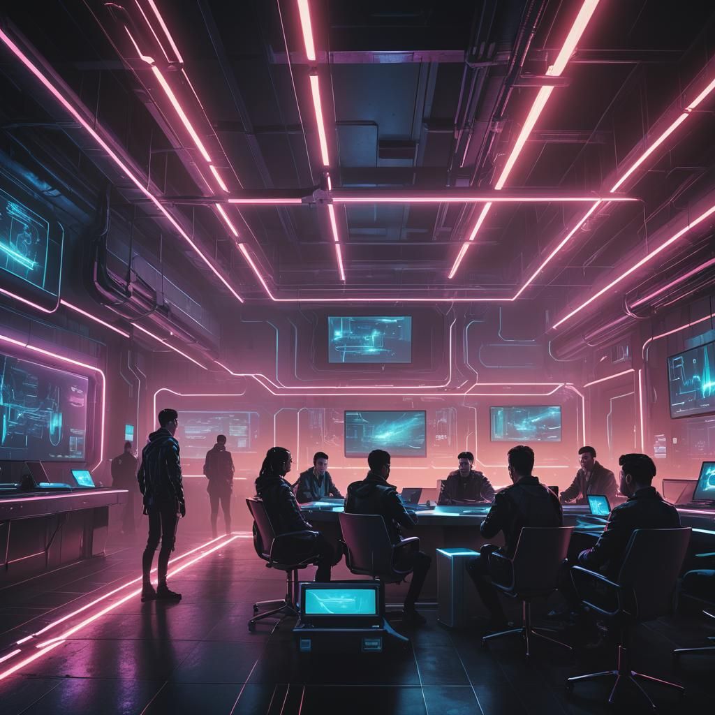 Cyberpunk Meeting Room with Neon Laptops and Price Concerns