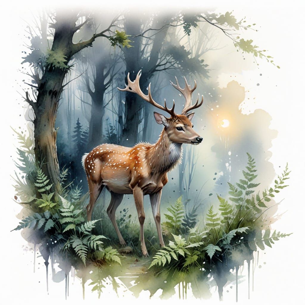 Moonlit Deer in a Serene Woodland Scene