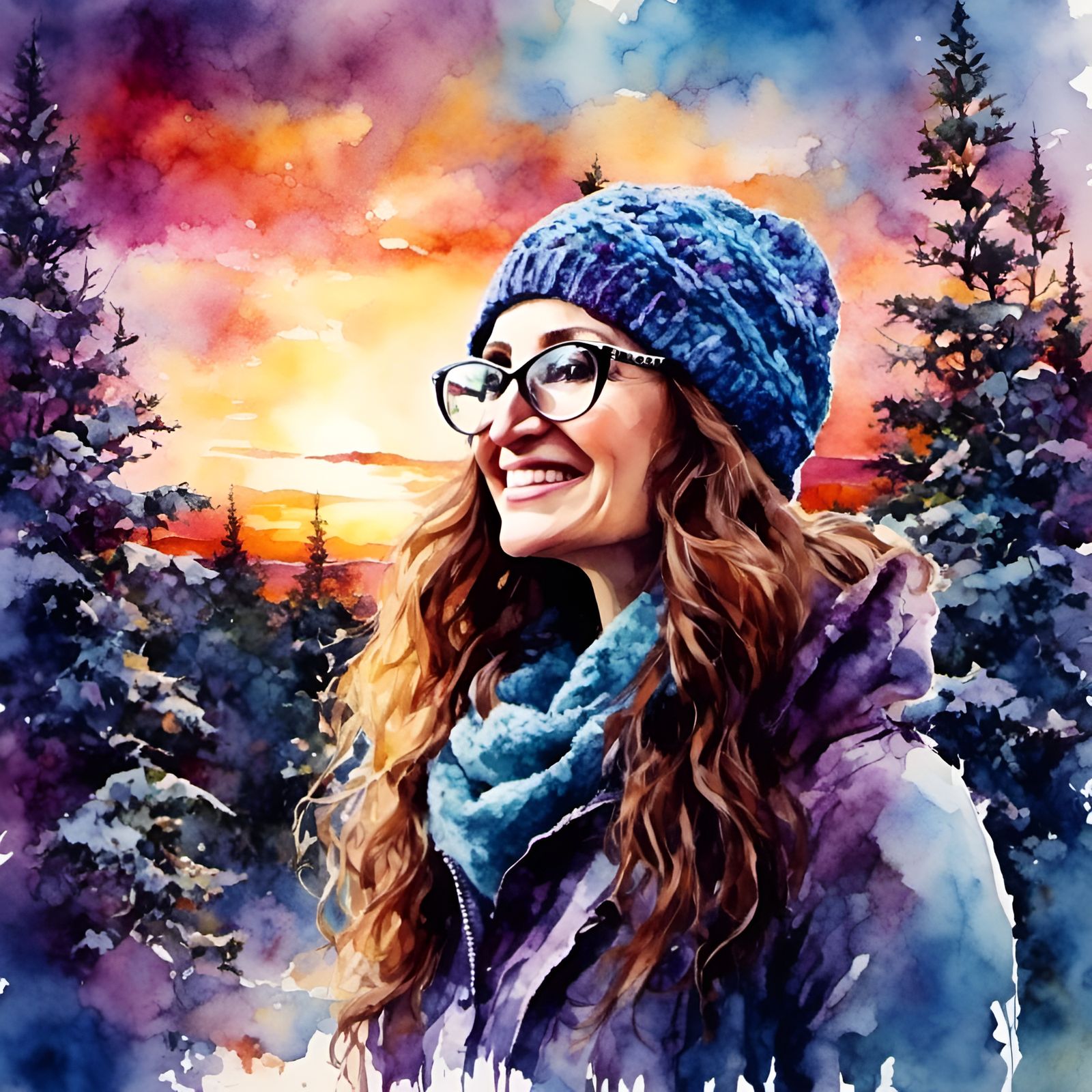 Watercolor Portrait of Woman in Blue Hat