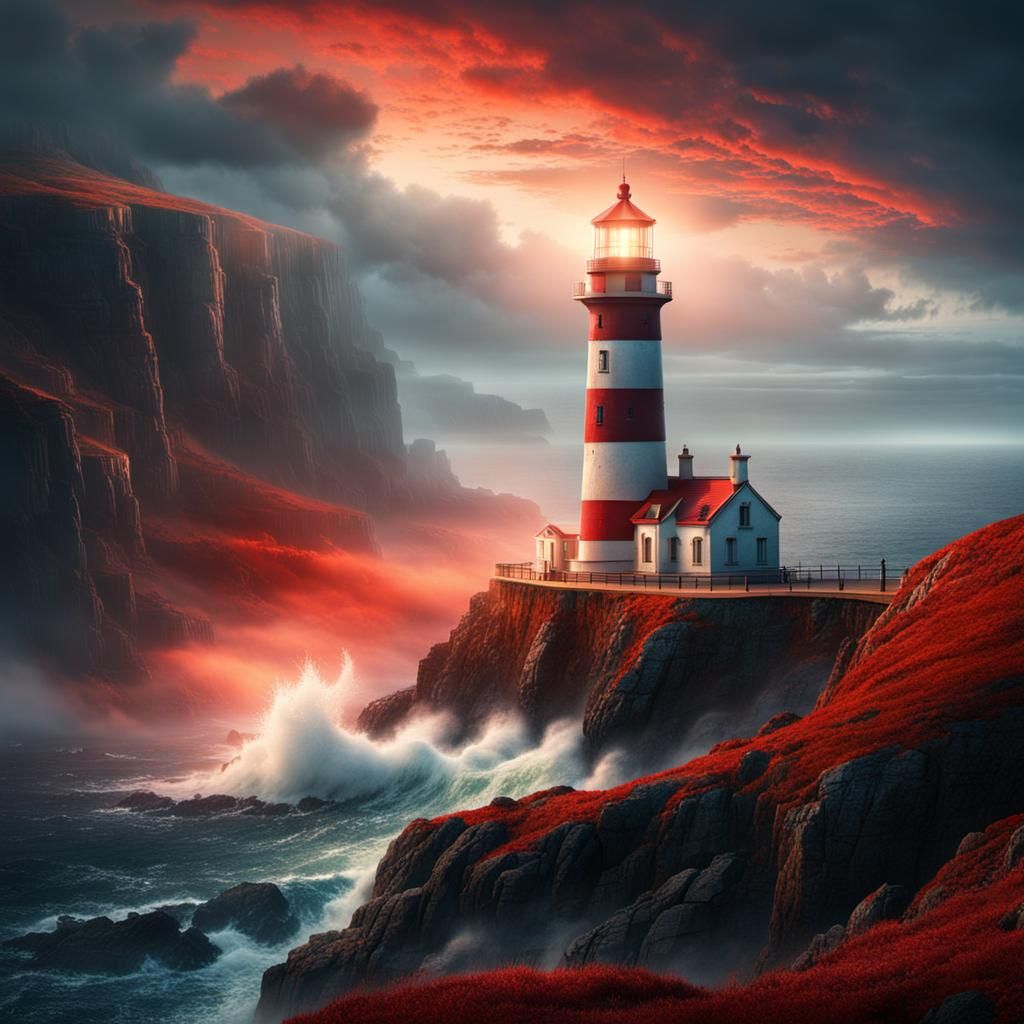 Lighthouse on Cliff at Red Dawn: Digital Matte Painting