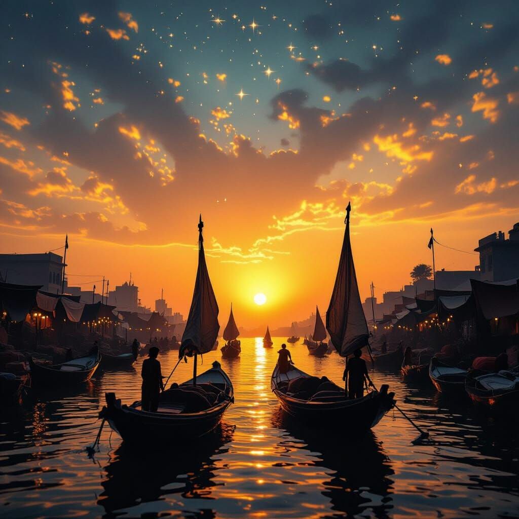 Silk Merchant Boats at Dawn Over Starry Sky