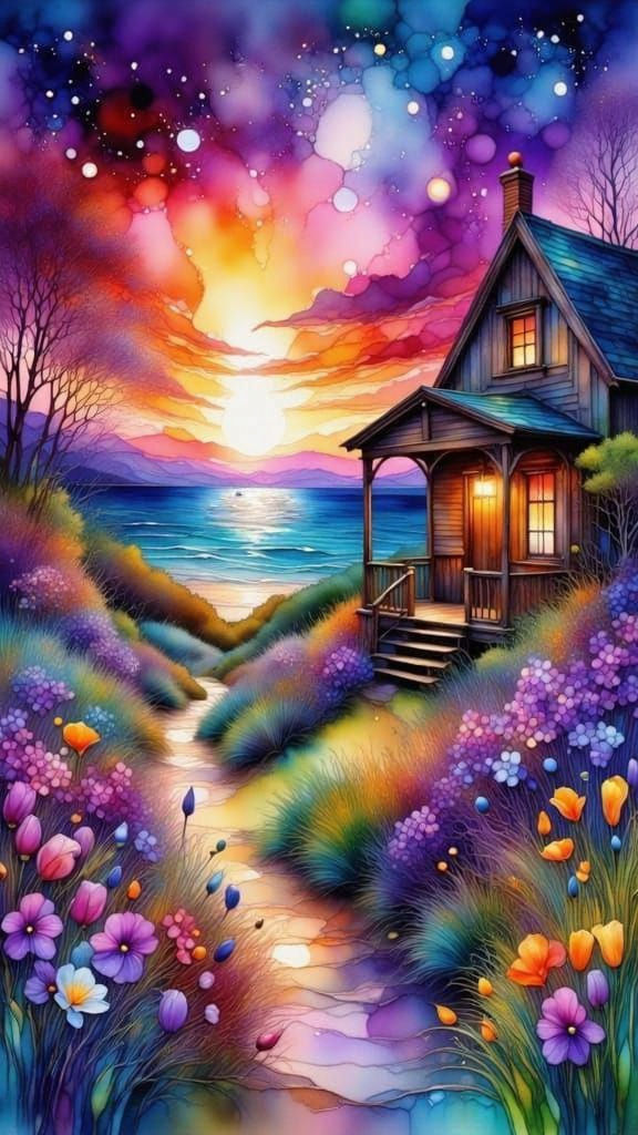 Watercolor Garden Path to Beach Shack Sunset